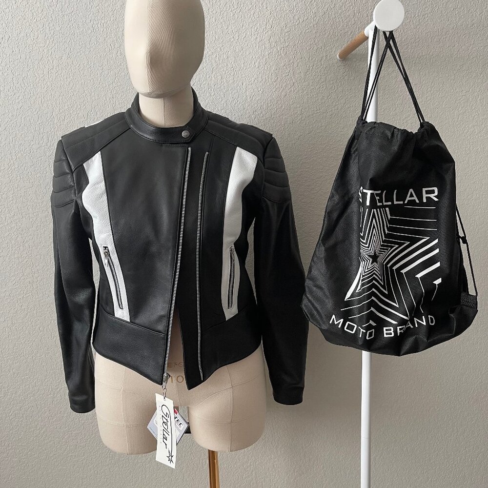 Stellar Moto Brand Starfield MX Armored Leather Jacket in Black/White, Large